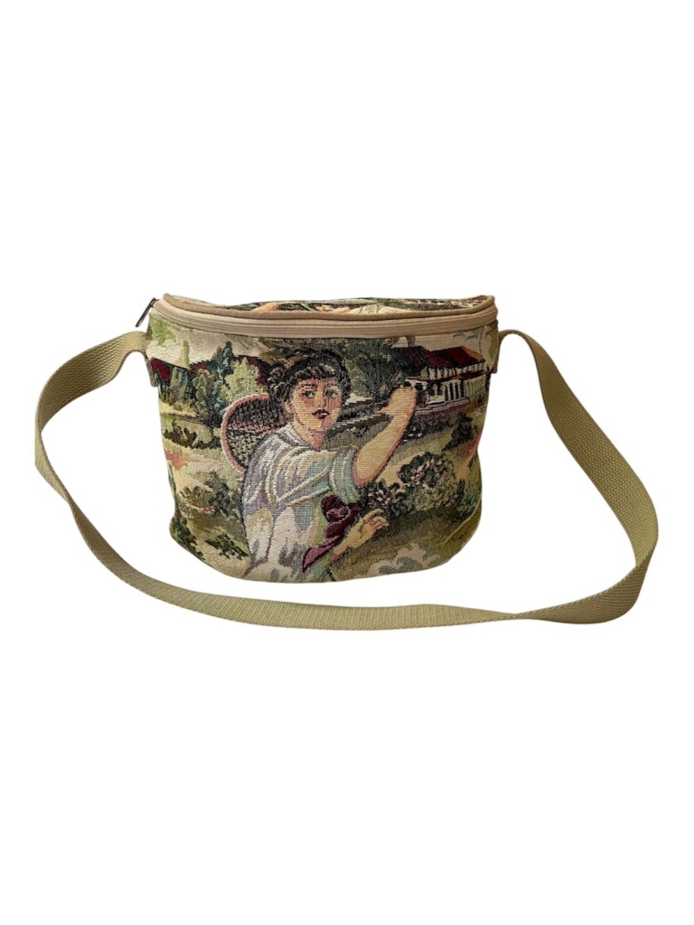 Vintage Tapestry Bag Purse in Beige with Pastoral Tennis Countryside Motif